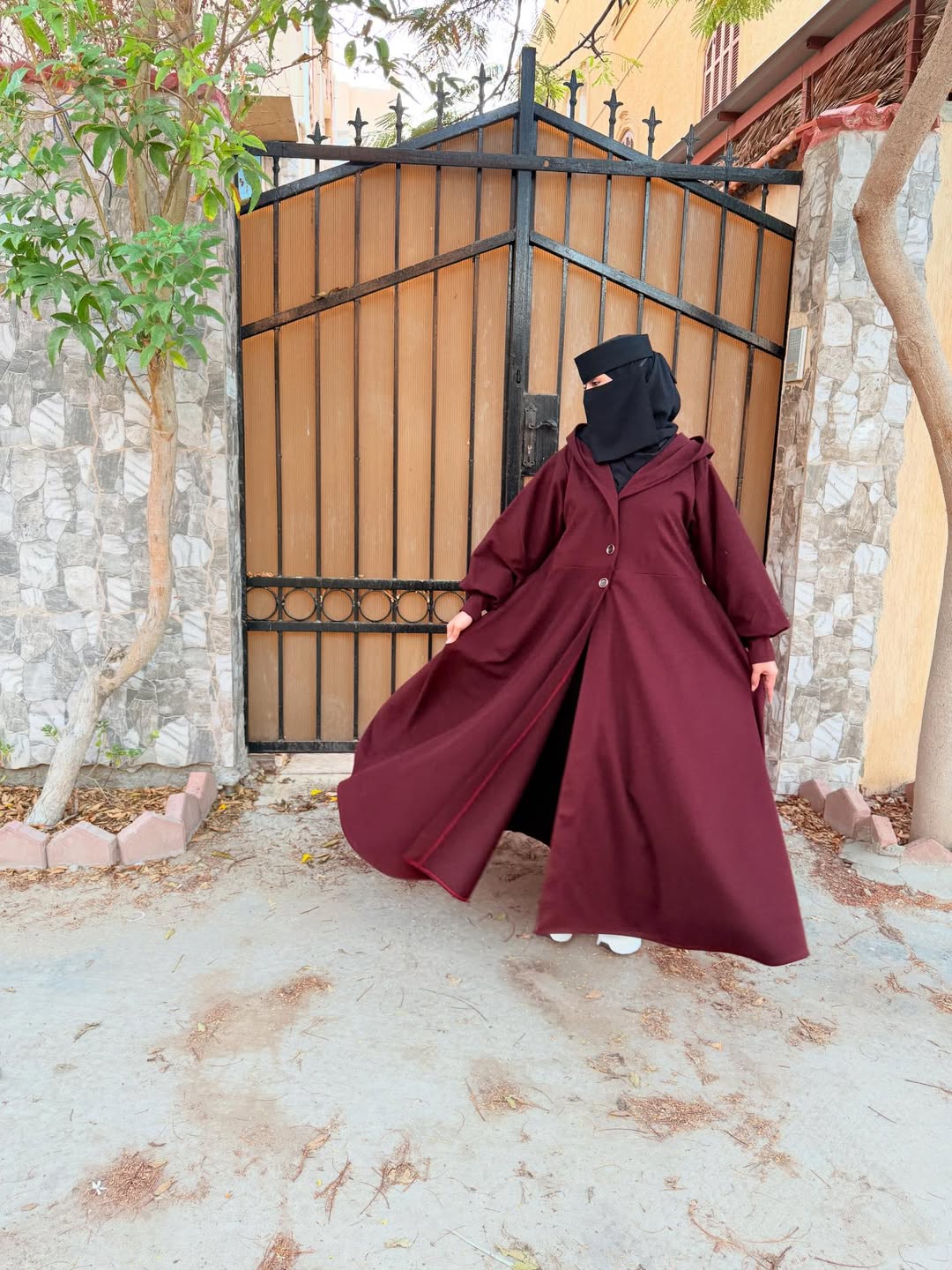 Ch 611 -Button-Front Long Frill Hoodie Winter Fleece Maxi Style with Wide Flare -