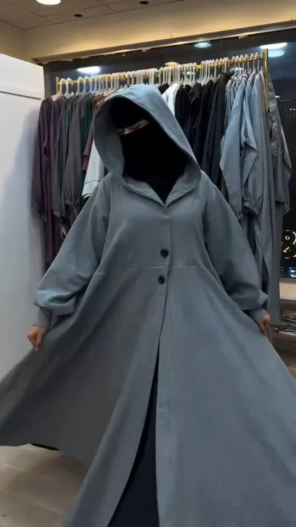 Ch 611 -Button-Front Long Frill Hoodie Winter Fleece Maxi Style with Wide Flare -