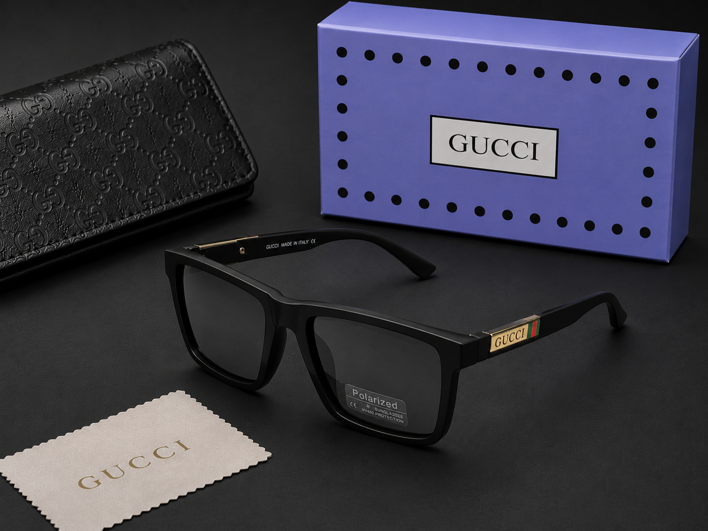 (GS-62) GUCCI Premium Polarized Square Sunglasses – Luxury UV400 Eyewear | Black Frame