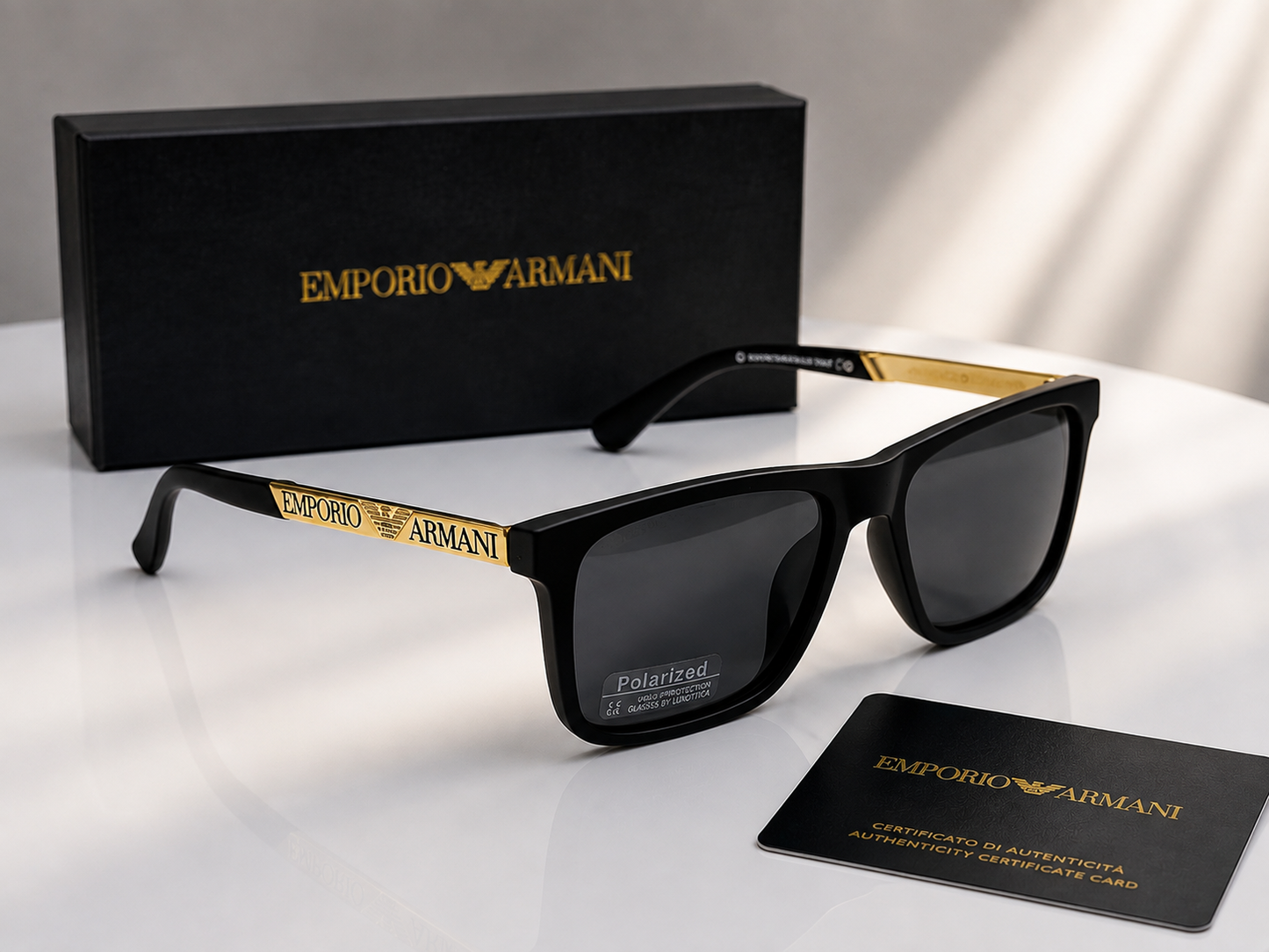 (GS-64) Emporio Armani Premium Square Sunglasses – Black Frame | UV400 Polarized Lens