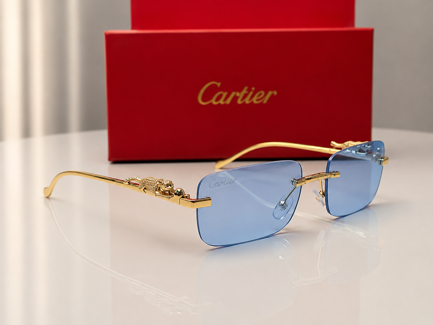 (GS-68) Luxury Rimless Panther Collection – Premium Gold Frame UV Protection Sunglasses & Optical Glasses