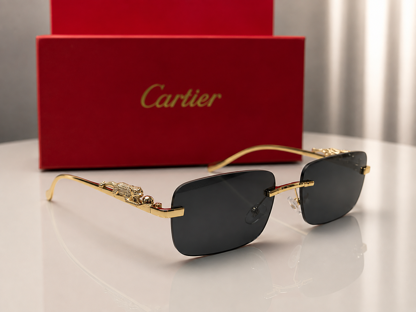 (GS-68) Luxury Rimless Panther Collection – Premium Gold Frame UV Protection Sunglasses & Optical Glasses