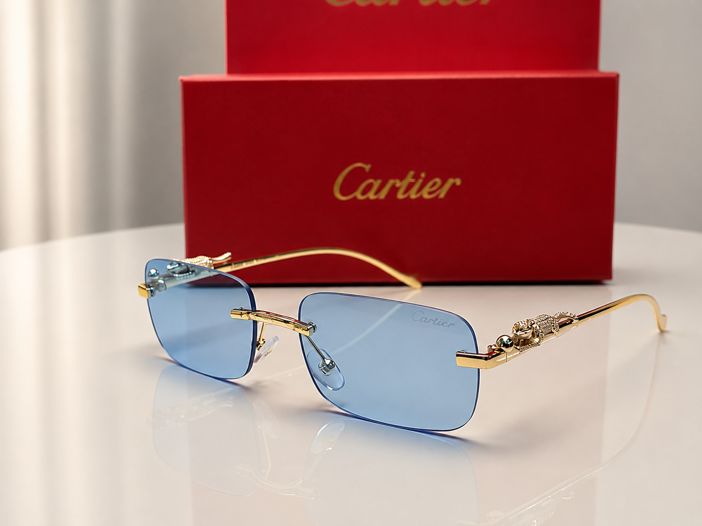 (GS-68) Luxury Rimless Panther Collection – Premium Gold Frame UV Protection Sunglasses & Optical Glasses