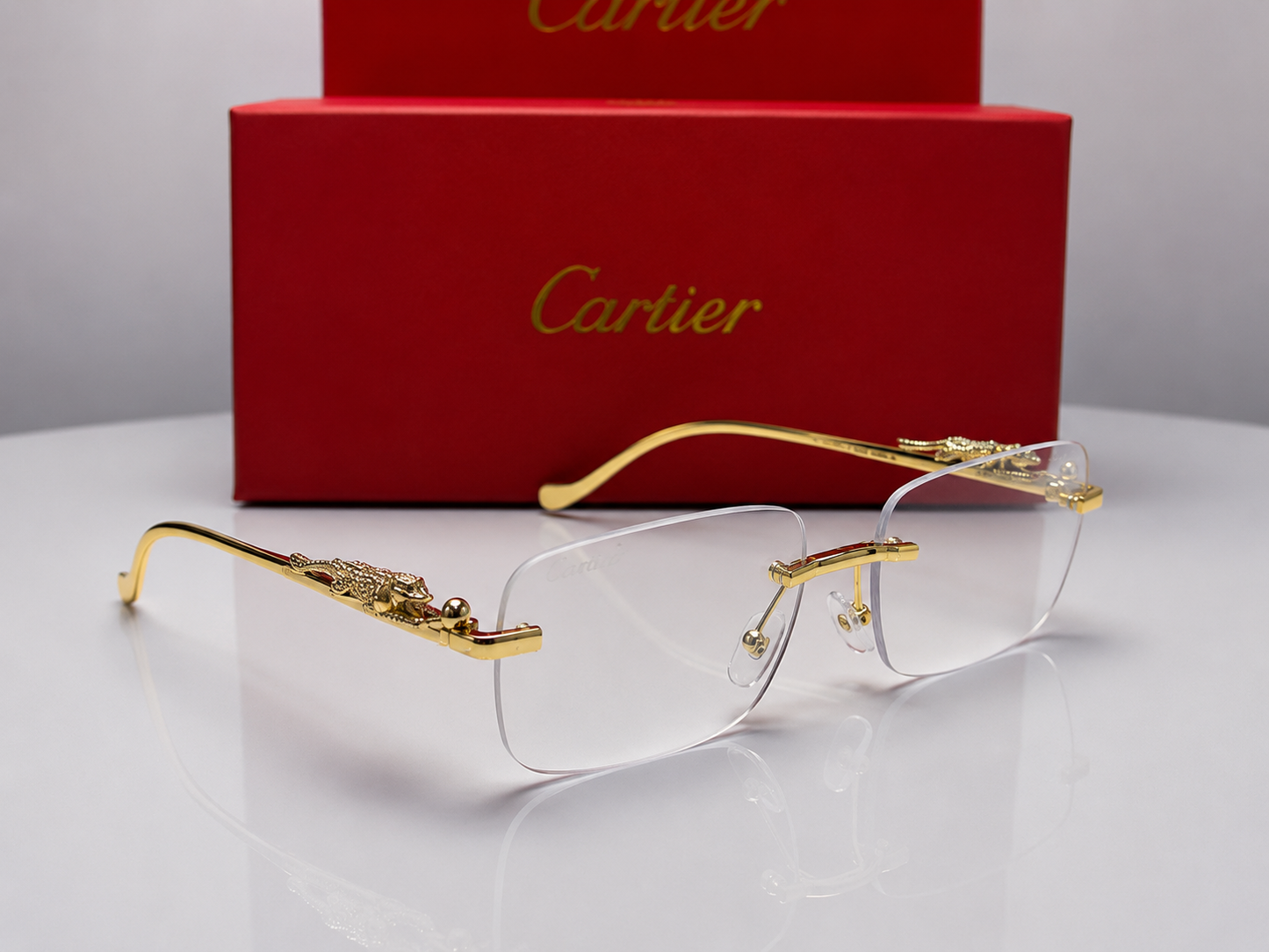 (GS-68) Luxury Rimless Panther Collection – Premium Gold Frame UV Protection Sunglasses & Optical Glasses