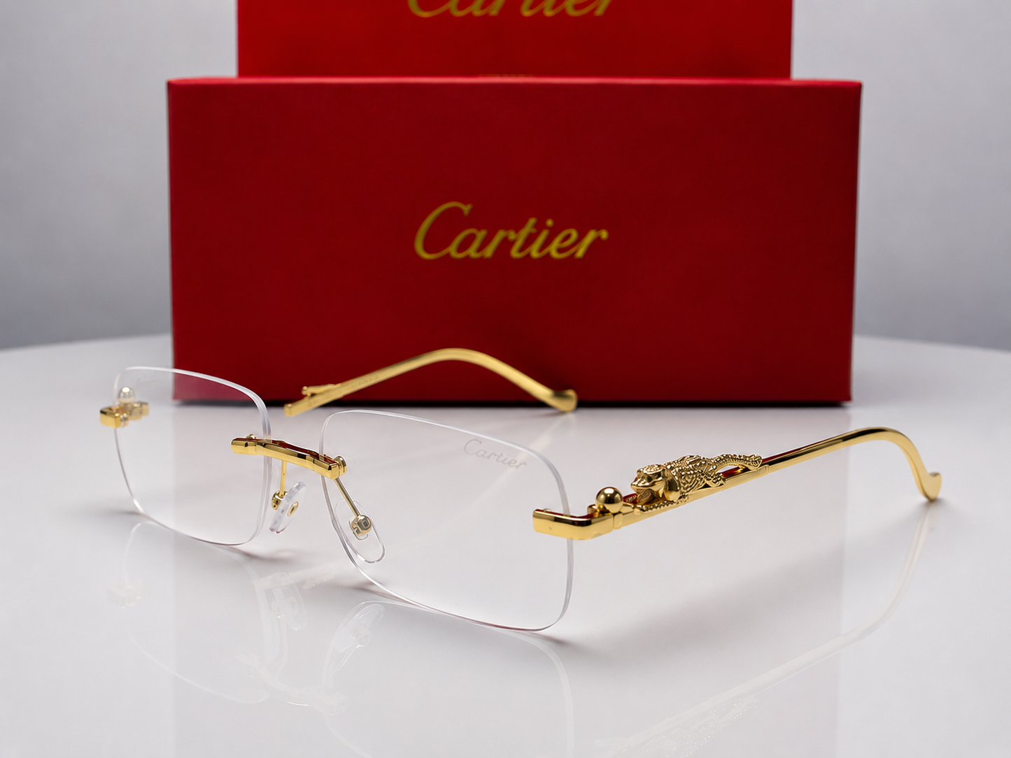 (GS-68) Luxury Rimless Panther Collection – Premium Gold Frame UV Protection Sunglasses & Optical Glasses