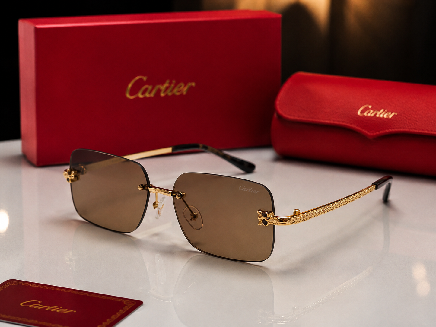 (GS-70) Cartier Rimless Luxury Brown Gradient Sunglasses – Gold Metal Designer Eyewear