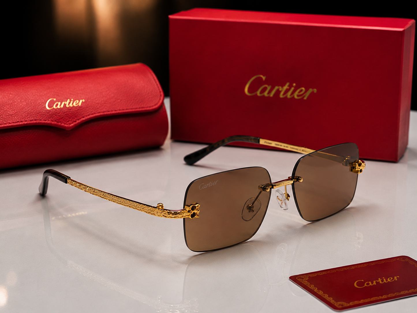 (GS-70) Cartier Rimless Luxury Brown Gradient Sunglasses – Gold Metal Designer Eyewear