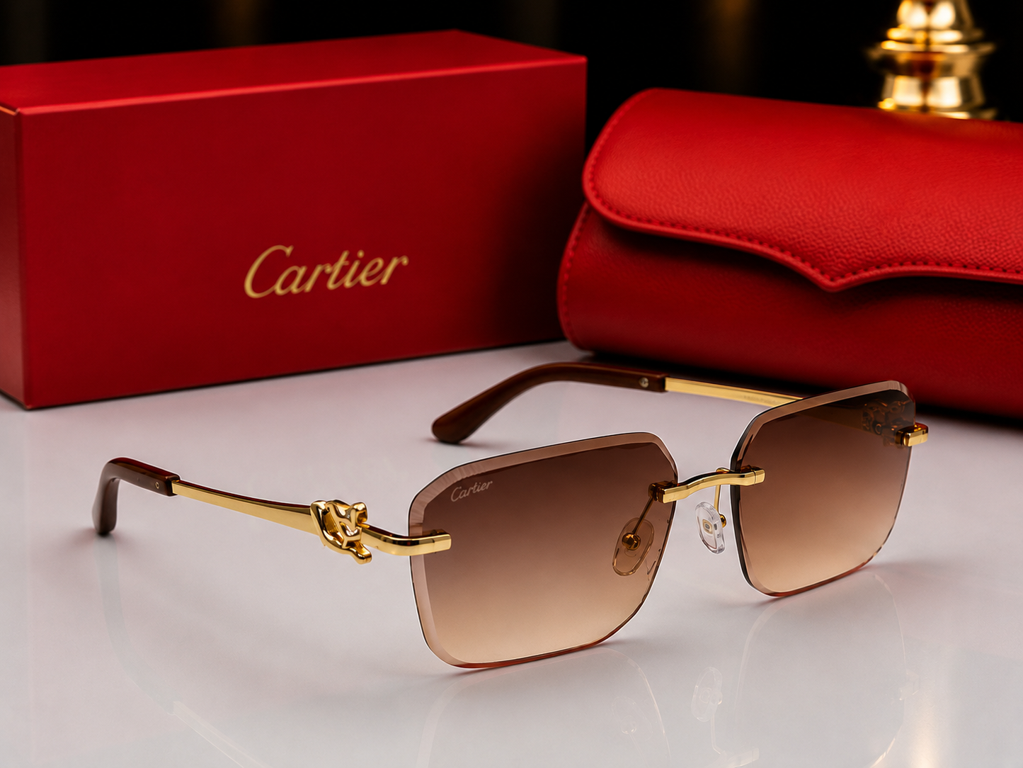 (GS-73) Luxury Rimless Square Sunglasses – Gold Metal Frame | UV400 Premium Eyewear