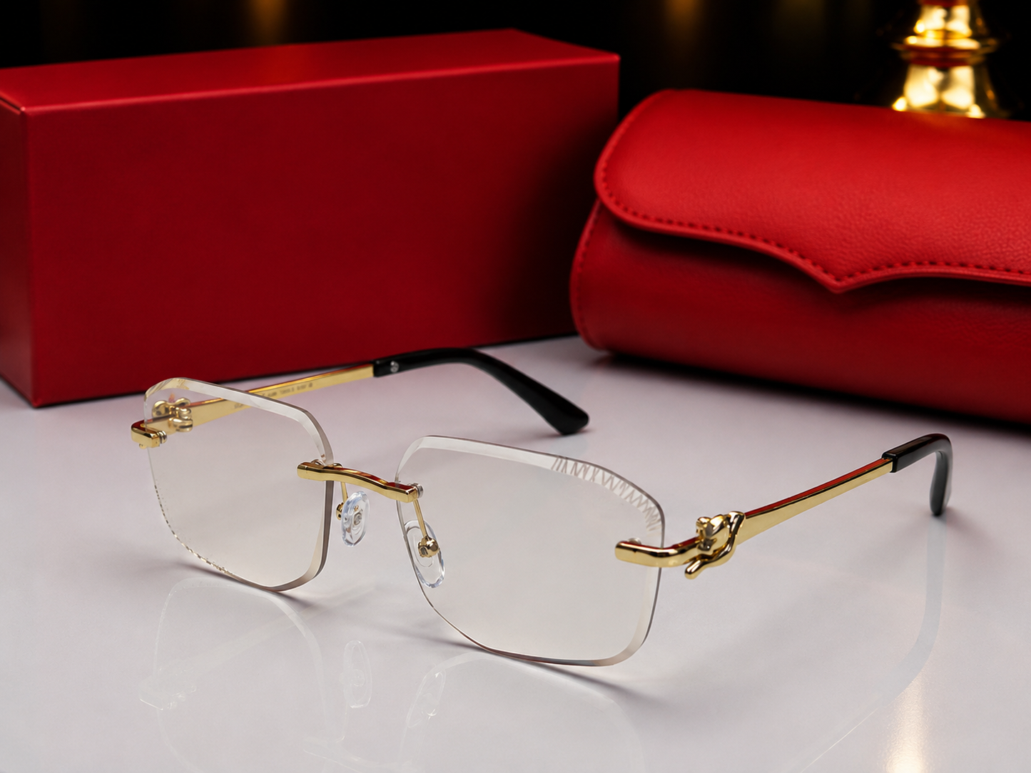 (GS-73) Luxury Rimless Square Sunglasses – Gold Metal Frame | UV400 Premium Eyewear