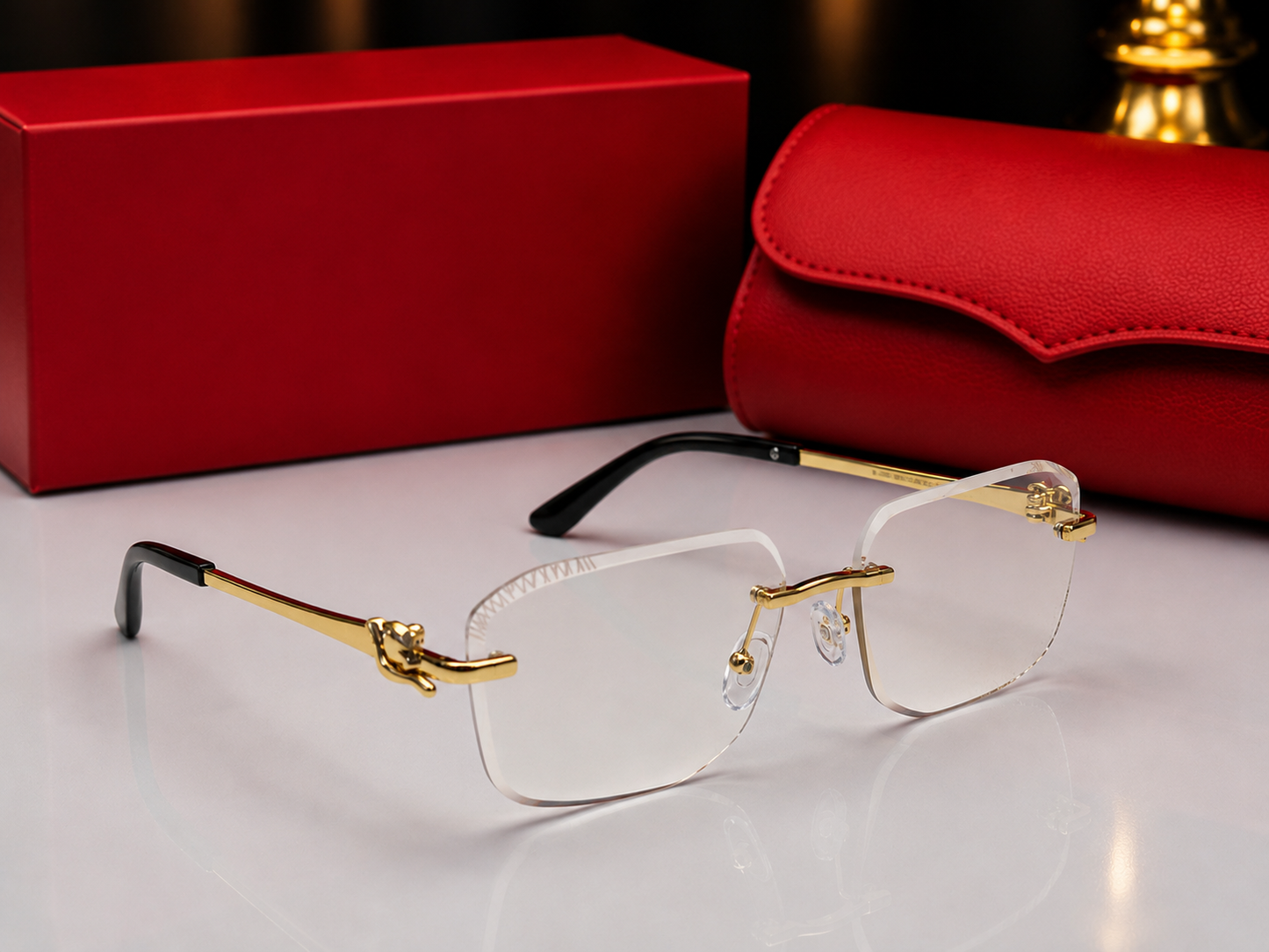 (GS-73) Luxury Rimless Square Sunglasses – Gold Metal Frame | UV400 Premium Eyewear