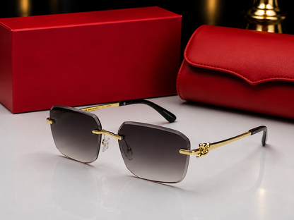 (GS-73) Luxury Rimless Square Sunglasses – Gold Metal Frame | UV400 Premium Eyewear