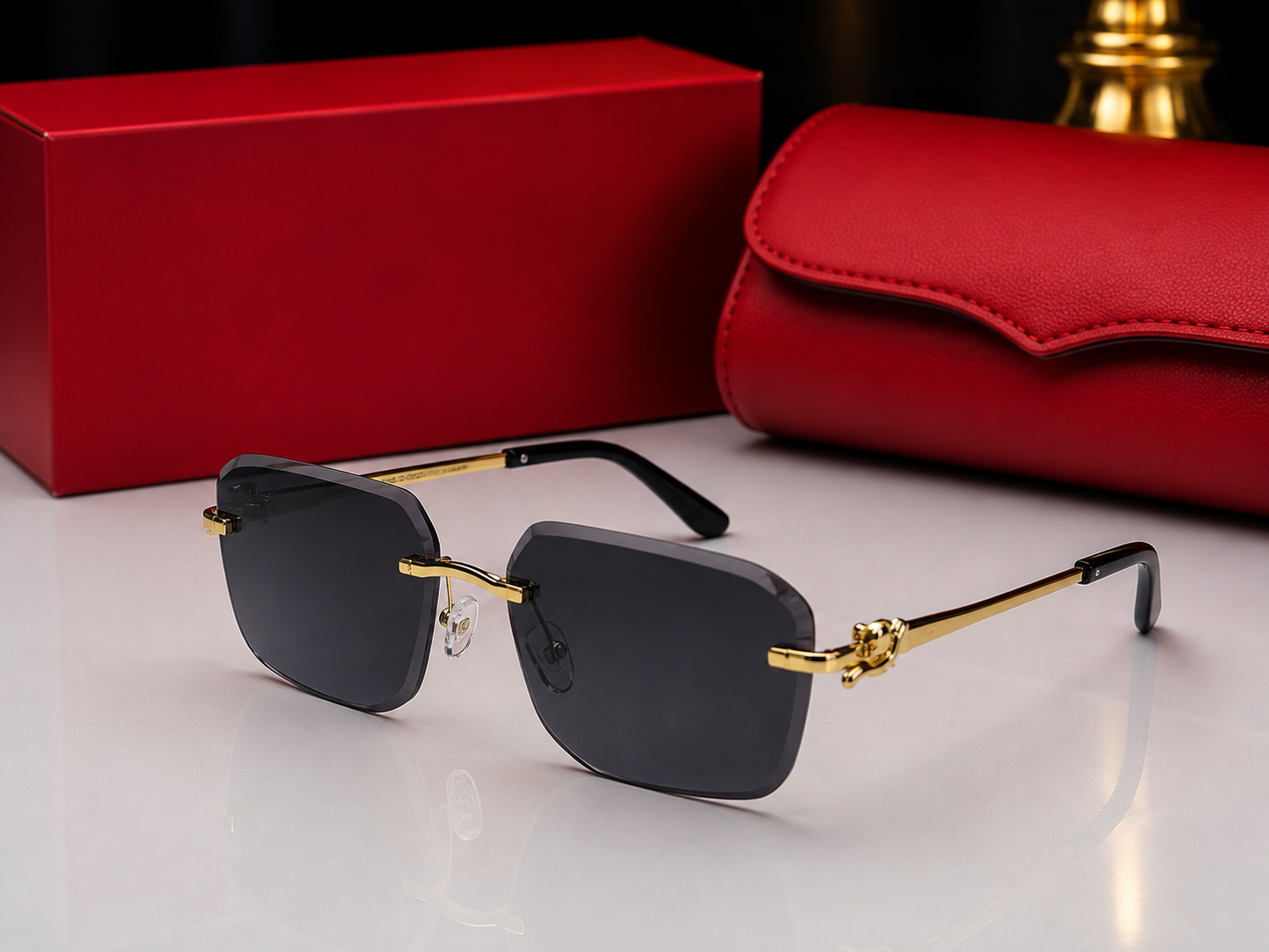 (GS-73) Luxury Rimless Square Sunglasses – Gold Metal Frame | UV400 Premium Eyewear