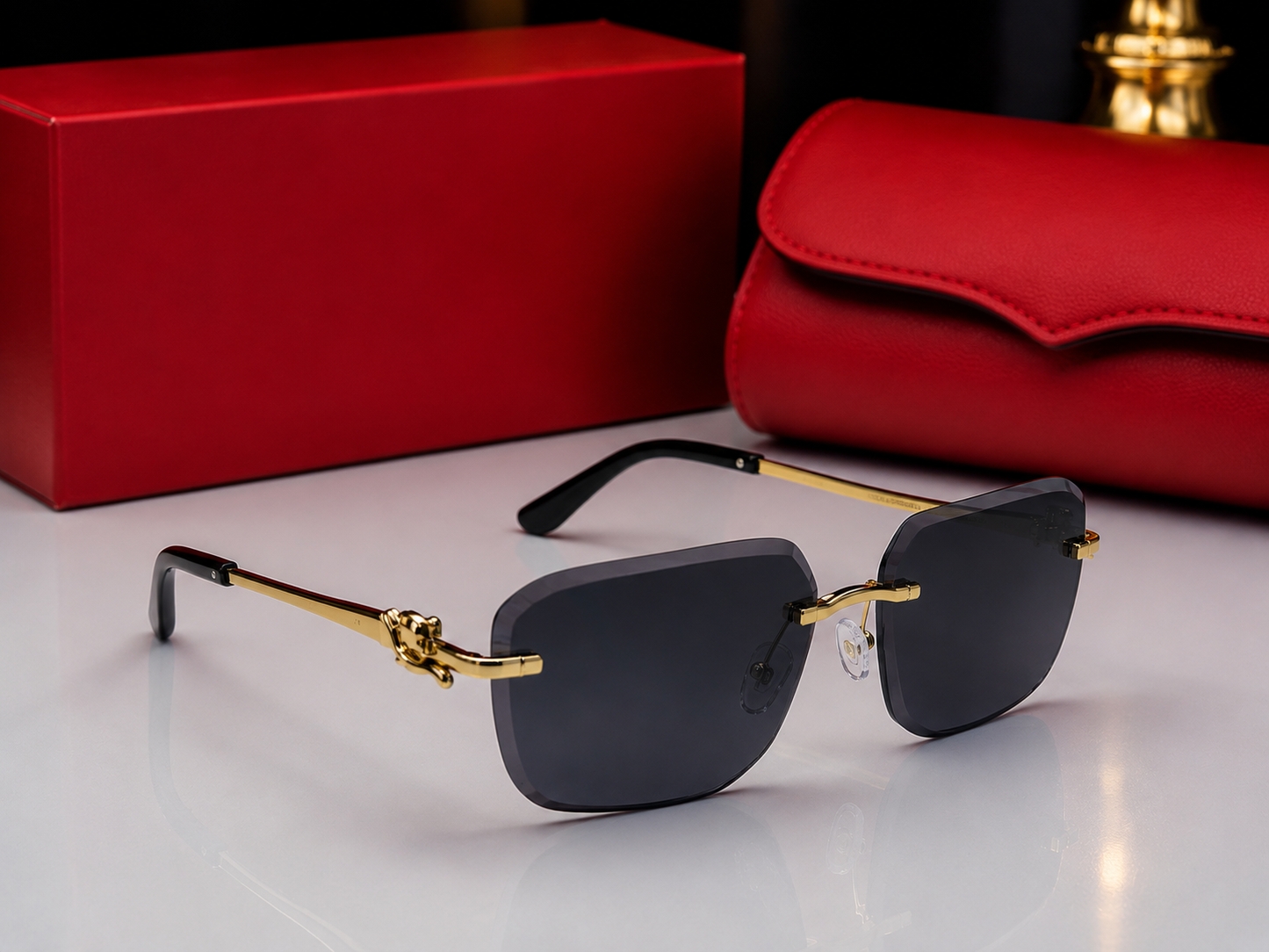 (GS-73) Luxury Rimless Square Sunglasses – Gold Metal Frame | UV400 Premium Eyewear