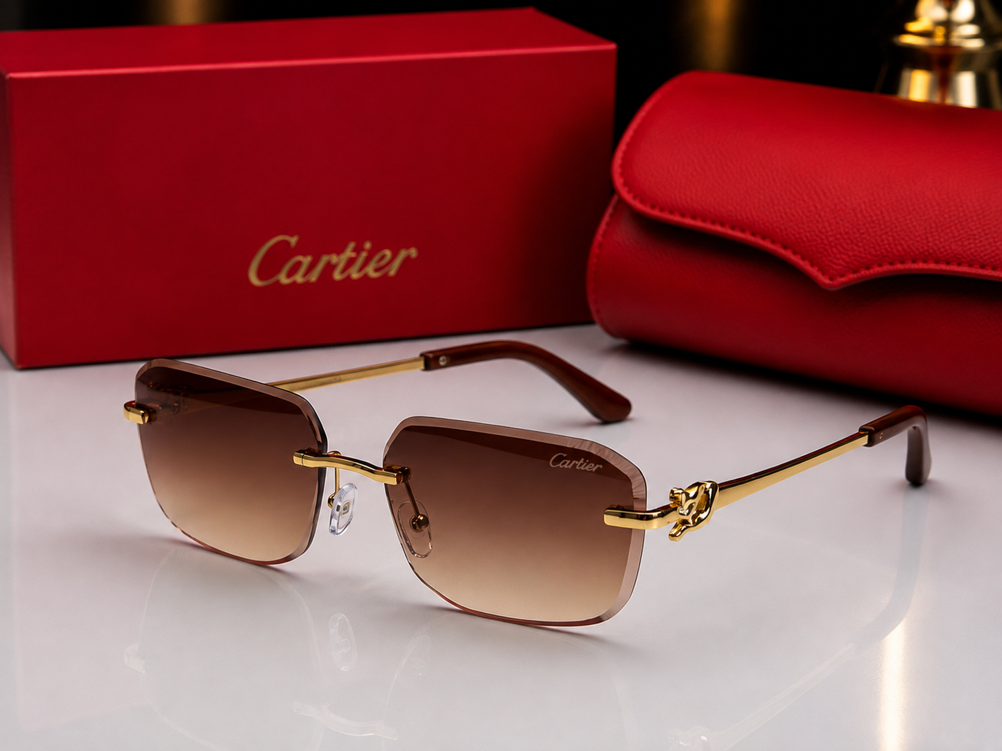 (GS-73) Luxury Rimless Square Sunglasses – Gold Metal Frame | UV400 Premium Eyewear