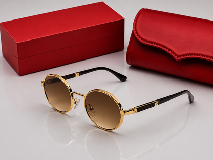 (GS-78)Premium Round Gold Metal Sunglasses – Gradient Brown UV400 Lens | Luxury Designer Style Eyewear