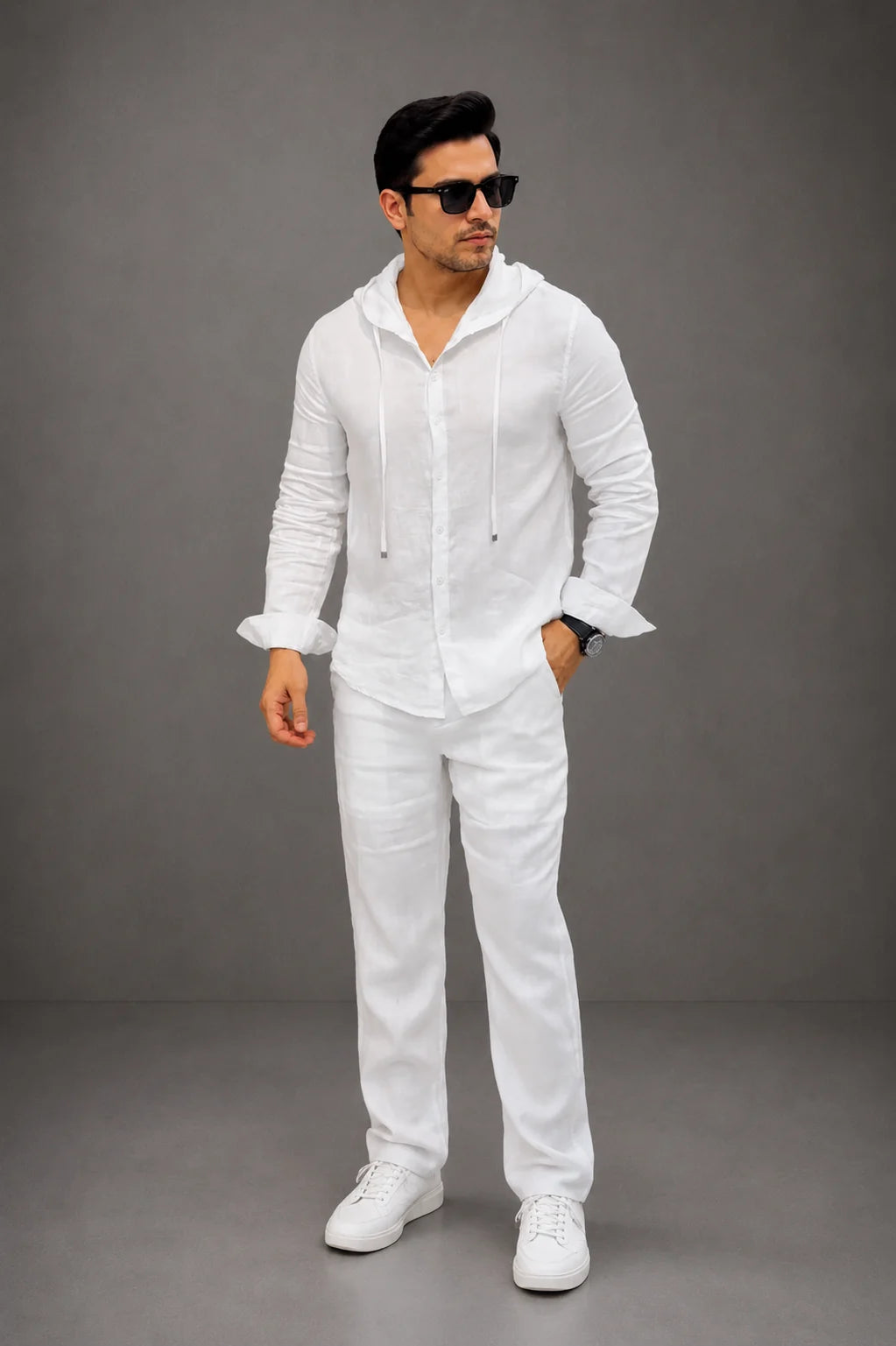 LI-135 | Men's Summer White Linen Hoodie Shirt & Trouser Set