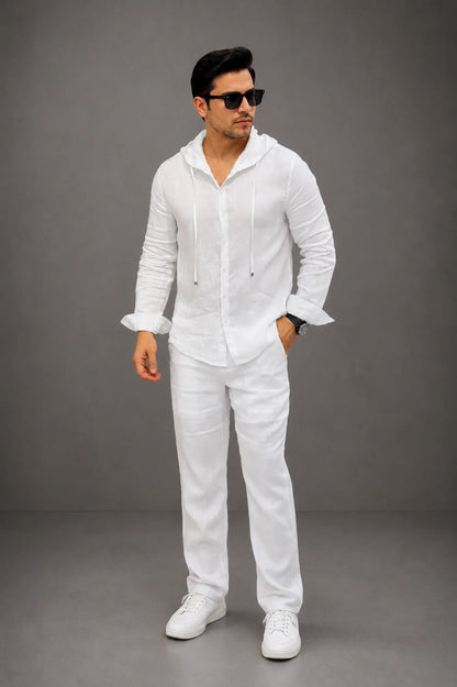 LI-135 | Men's Summer White Linen Hoodie Shirt & Trouser Set
