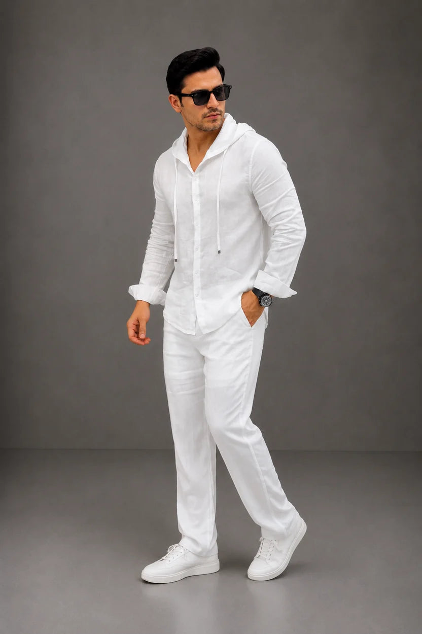 LI-135 | Men's Summer White Linen Hoodie Shirt & Trouser Set