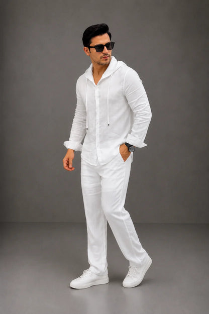 LI-135 | Men's Summer White Linen Hoodie Shirt & Trouser Set