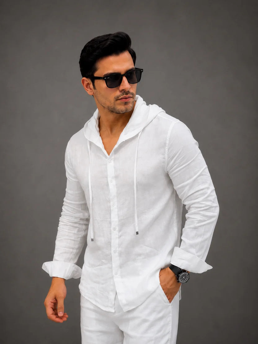 LI-135 | Men's Summer White Linen Hoodie Shirt & Trouser Set