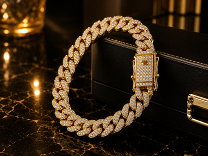 (B-1)  Luxury Iced Cuban Link Gold Bracelet – Premium Diamond-Cut Hip Hop Bracelet for Men
