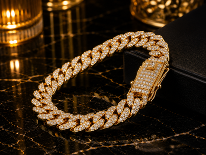 (B-1)  Luxury Iced Cuban Link Gold Bracelet – Premium Diamond-Cut Hip Hop Bracelet for Men