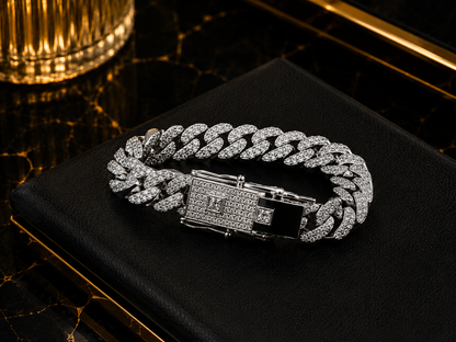 (B-2) Luxury Silver Iced Out Cuban Link Bracelet – Premium Diamond Style Hip Hop Bracelet