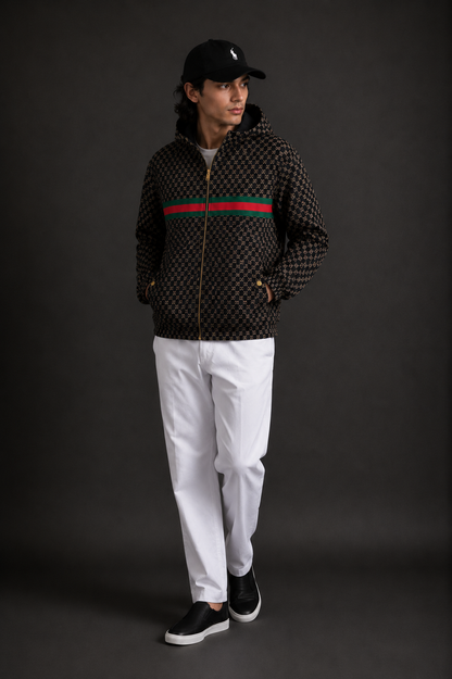 (CJ-6) Premium Men's Monogram Hooded Zip-Up Jacket – Black & Gold with Signature Stripe