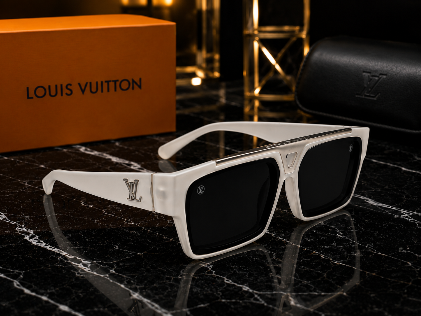 (GS-38) Louis Vuitton Premium White Square Sunglasses – Luxury Oversized UV Protection Eyewear