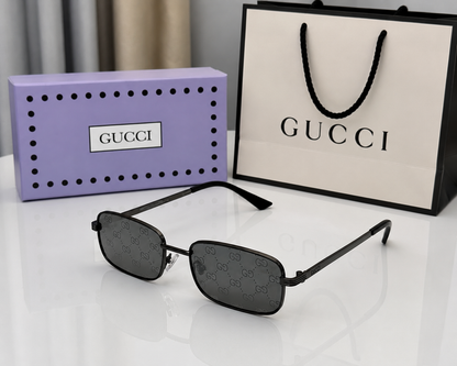 (GS-36) GUCCI Signature Monogram Rimless Rectangle Sunglasses – Black Frame & Grey Logo Lenses