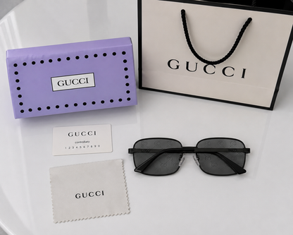(GS-36) GUCCI Signature Monogram Rimless Rectangle Sunglasses – Black Frame & Grey Logo Lenses