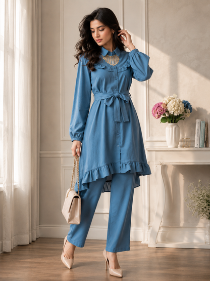 Women's Premium Ruffle Front Belted Co-Ord Set – High Low Shirt Kurti with Trouser (C-1)