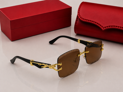 (GS-79) Luxury Panther Rimless Square Sunglasses – Gold Metal Frame | Premium UV400 Fashion Eyewear