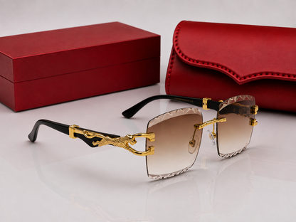 (GS-79) Luxury Panther Rimless Square Sunglasses – Gold Metal Frame | Premium UV400 Fashion Eyewear