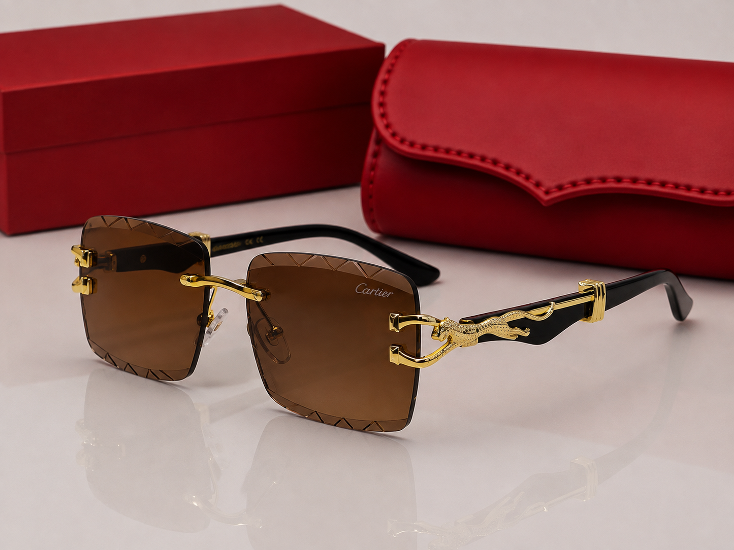 (GS-79) Luxury Panther Rimless Square Sunglasses – Gold Metal Frame | Premium UV400 Fashion Eyewear