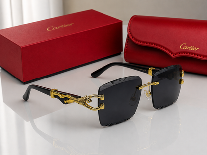 (GS-79) Luxury Panther Rimless Square Sunglasses – Gold Metal Frame | Premium UV400 Fashion Eyewear