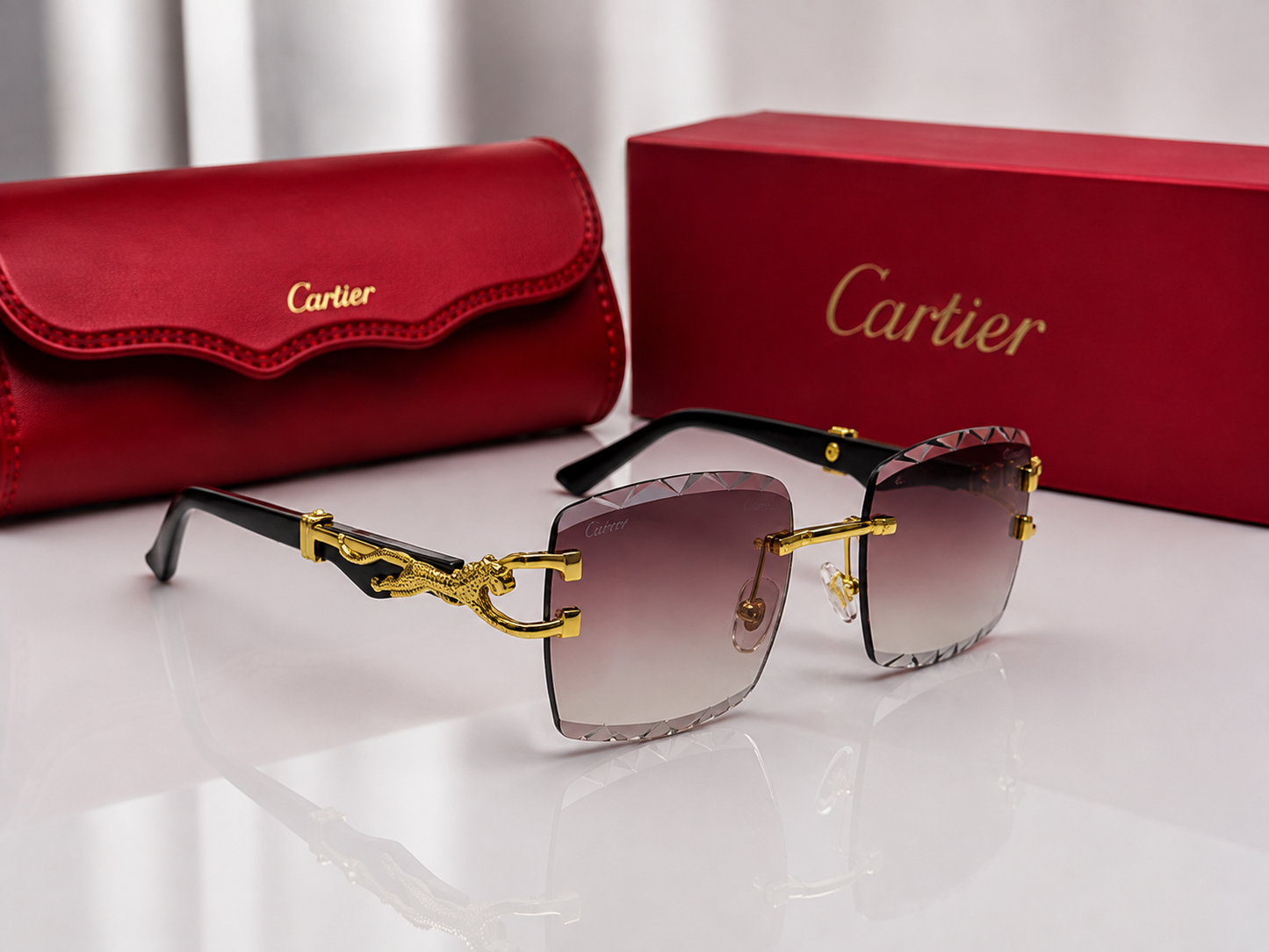 (GS-79) Luxury Panther Rimless Square Sunglasses – Gold Metal Frame | Premium UV400 Fashion Eyewear