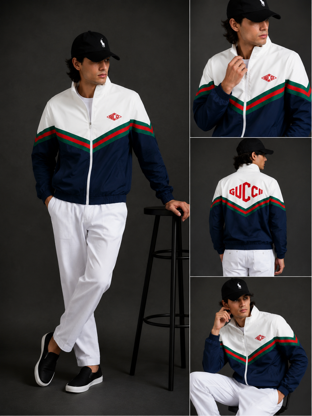 (CJ-7) Premium Men's Color Block Zip-Up Jacket –  with Signature Green-Red Stripe