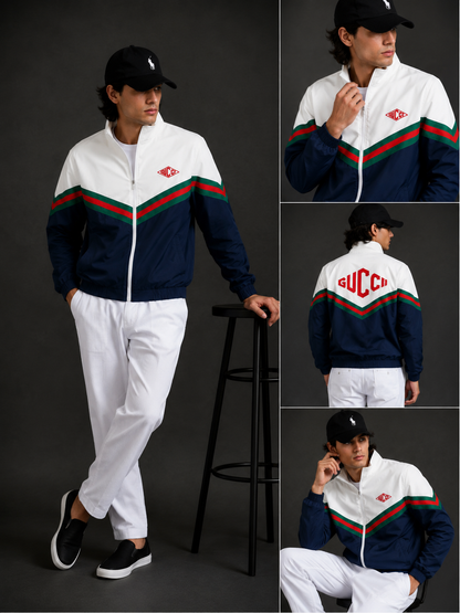 (CJ-7) Premium Men's Color Block Zip-Up Jacket –  with Signature Green-Red Stripe