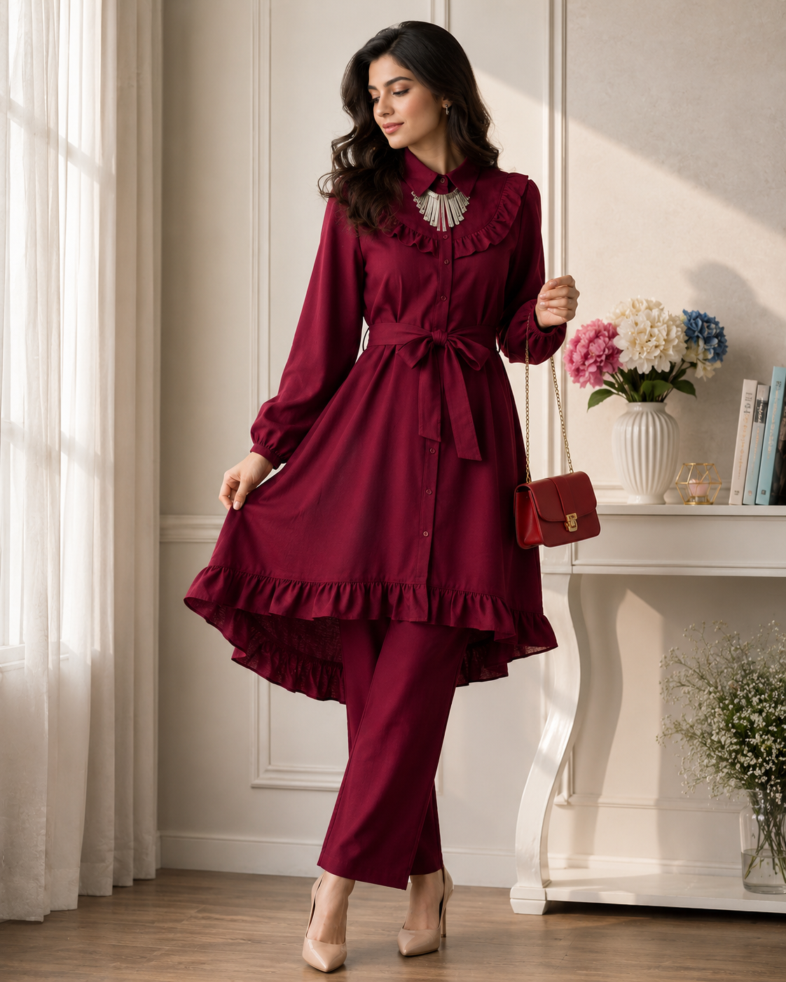 Women's Premium Ruffle Front Belted Co-Ord Set – High Low Shirt Kurti with Trouser (C-1)