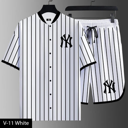 NY Pinstripe Summer  Tracksuit Set – Shirt & Shorts (V-11)
