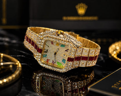 Luxury Gold Crystal Watch with Ruby Red Stone Bracelet | Premium Stainless Steel Wrist Watch