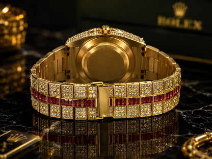 Luxury Gold Crystal Watch with Ruby Red Stone Bracelet | Premium Stainless Steel Wrist Watch