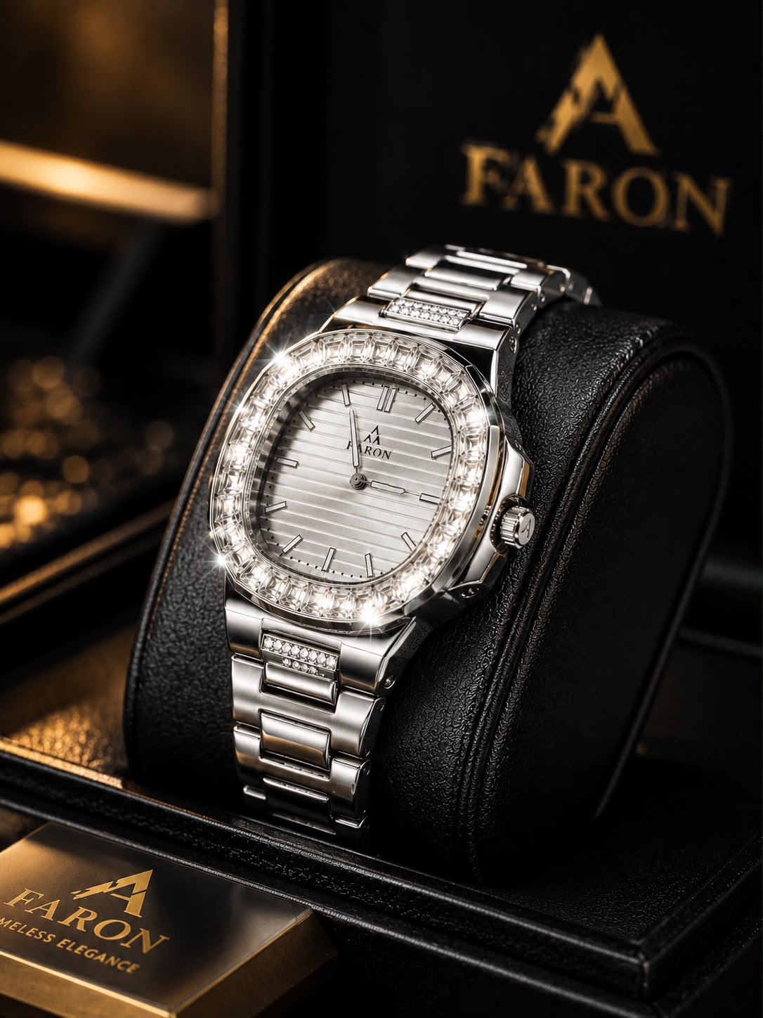 FARON FR-8801 Luxury Silver Stainless Steel Watch | Crystal Bezel | Premium Men's Wrist Watch