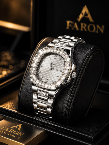 FARON FR-8801 Luxury Silver Stainless Steel Watch | Crystal Bezel | Premium Men's Wrist Watch