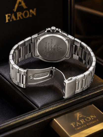 FARON FR-8801 Luxury Silver Stainless Steel Watch | Crystal Bezel | Premium Men's Wrist Watch