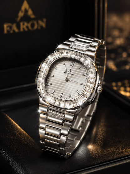 FARON FR-8801 Luxury Silver Stainless Steel Watch | Crystal Bezel | Premium Men's Wrist Watch