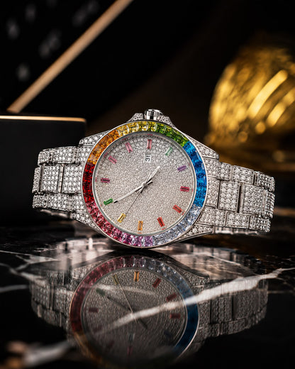 Luxury Silver Rainbow Crystal Watch | Full Iced-Out Stainless Steel Watch