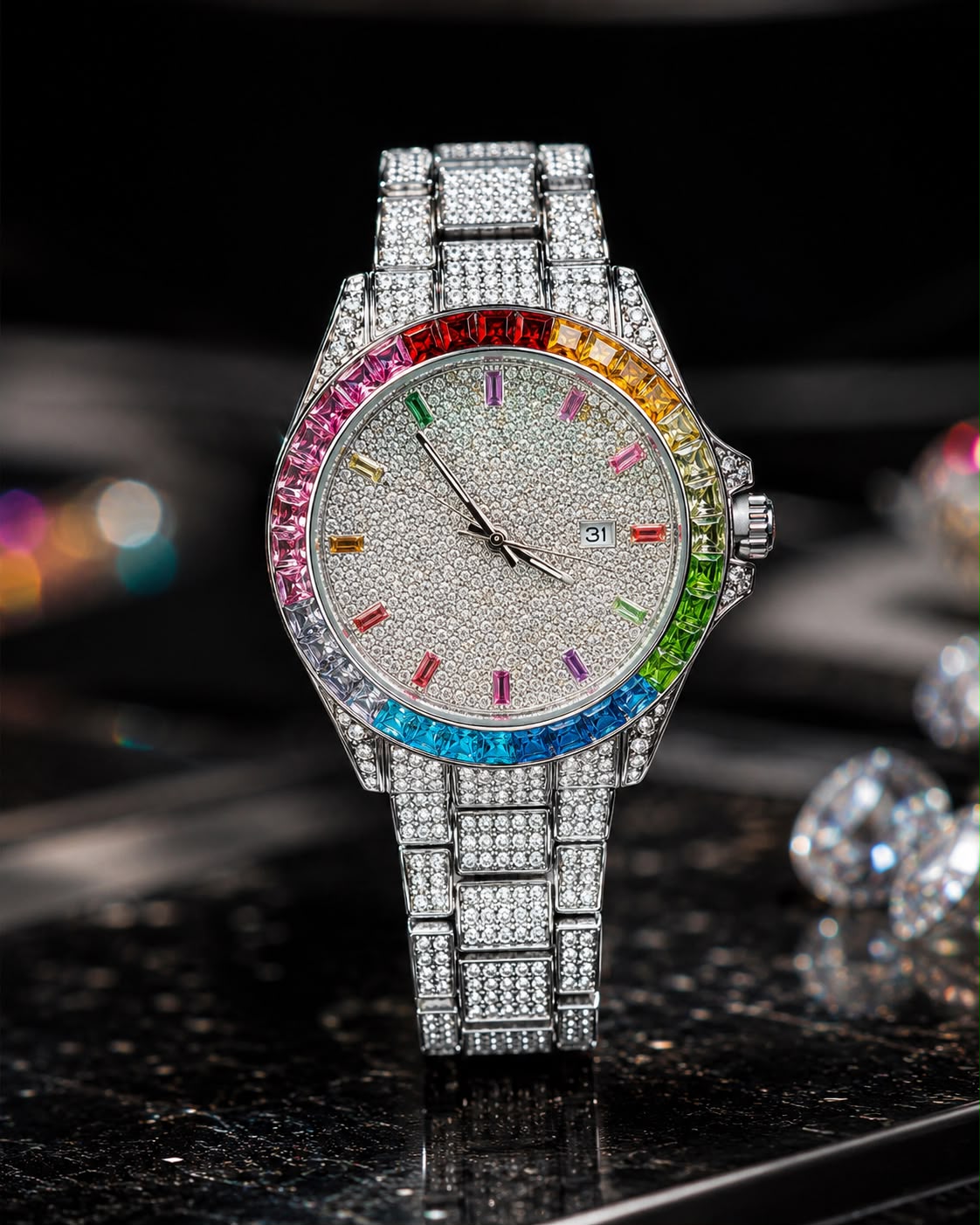 Luxury Silver Rainbow Crystal Watch | Full Iced-Out Stainless Steel Watch