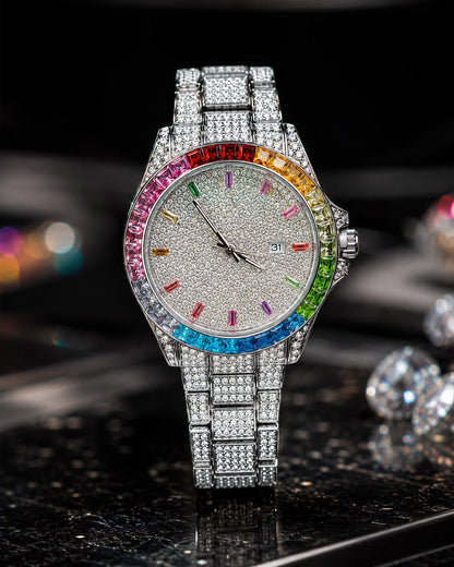 Luxury Silver Rainbow Crystal Watch | Full Iced-Out Stainless Steel Watch